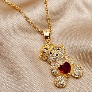 Cute King Teddy Bear Pave Red Heart CZ Pendant Dainty Chain Necklace in Gold